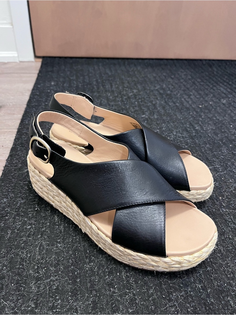 Clarks Black Leather Espadrille Wedge Slingbacks size 7.5